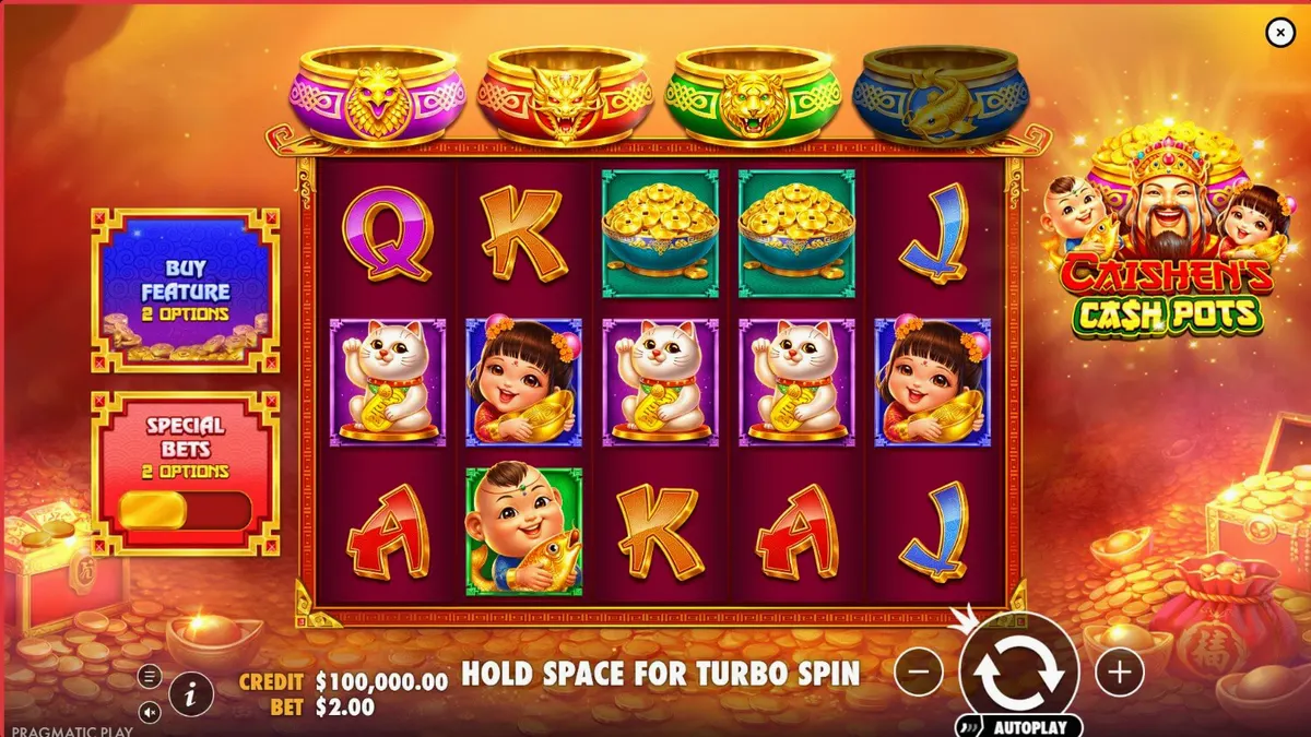 Interface de jogo do slot Caishen’s Cash Pots com elementos temáticos de prosperidade