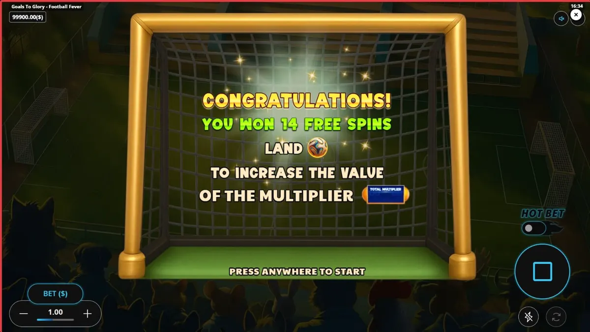 Personagens animais jogando futebol no slot Goals to Glory Football Fever